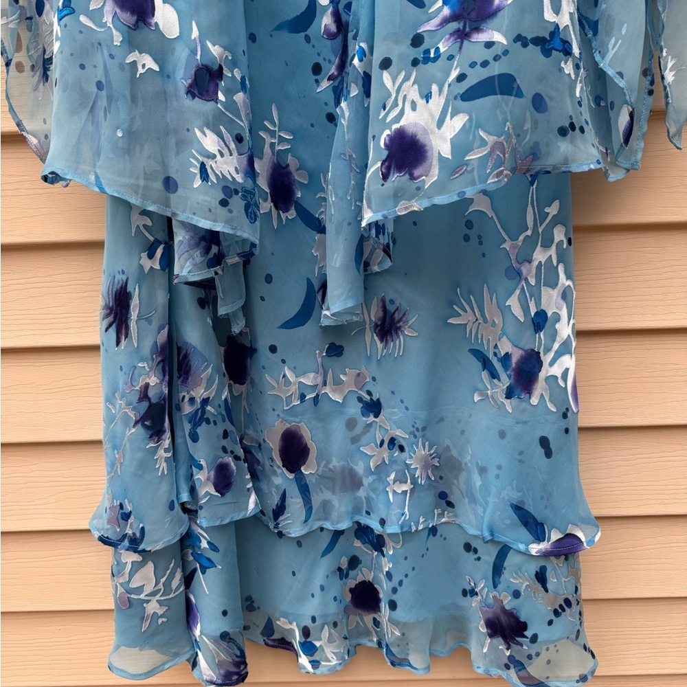 2Piece Set Blue Silk Floral Dress Sheer Overlay Sz Large NWT layered hem - Picture 4 of 16
